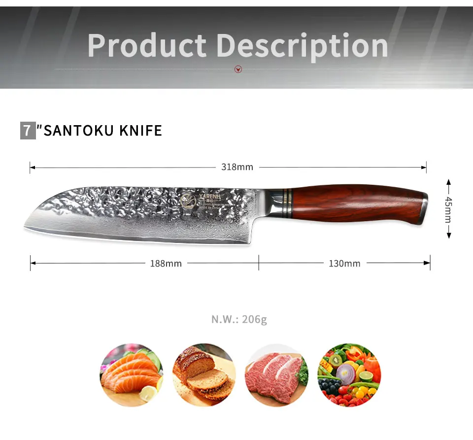 YARENH 7 inch Santoku нож шеф-повара японский VG10 филе нож Дамаск Сталь овощей Ножи лучшие sharp Professnal Кухня Ножи