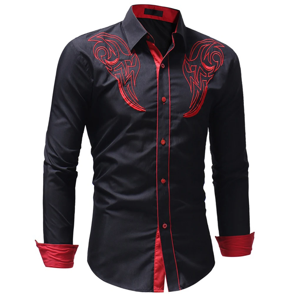 Fashion Men's Embroidered Western Shirt Long Sleeve Slim Casual Shirt