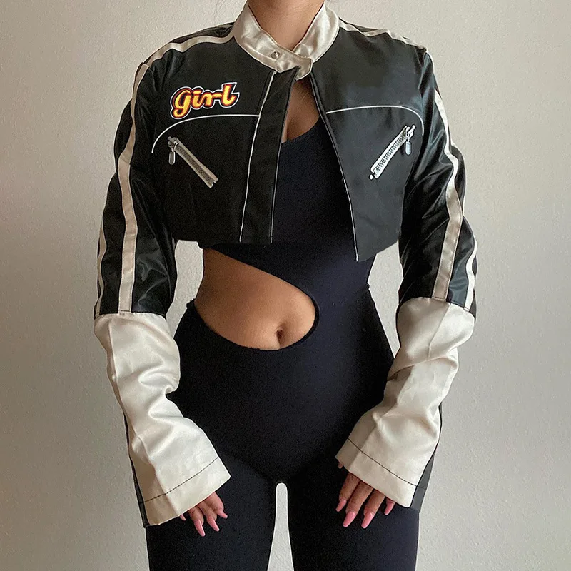 

COZOK Harajuku Faux Leather Crop Top Biker Jacket Patchwork Zip Up Long Sleeve Coats Mall Goth Black Racer Outwear Autumn