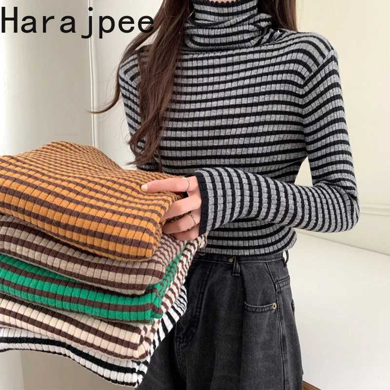 

Harajpee Women Knitted Bottoming Shirt Slim-fit Turtleneck Long-sleeved Striped Color-blocking Pile-neck Tops 2021 Autumn New