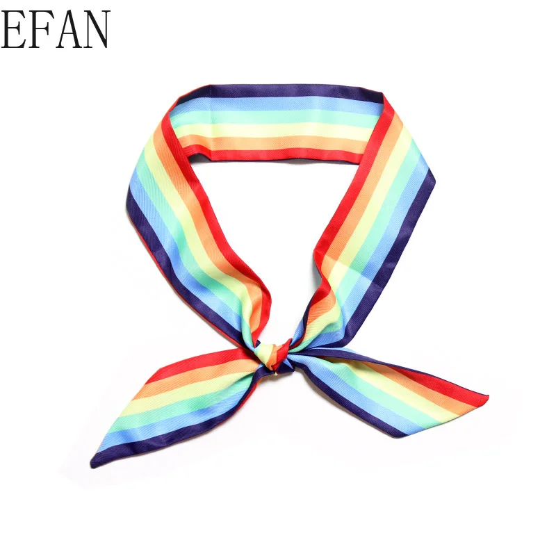 

New Design Rainbow Print Woman Girl Twilly Silk Scarf 100cm*5cm Long Small Head Scarf Bag Ribbons Fashion Ladies Tie