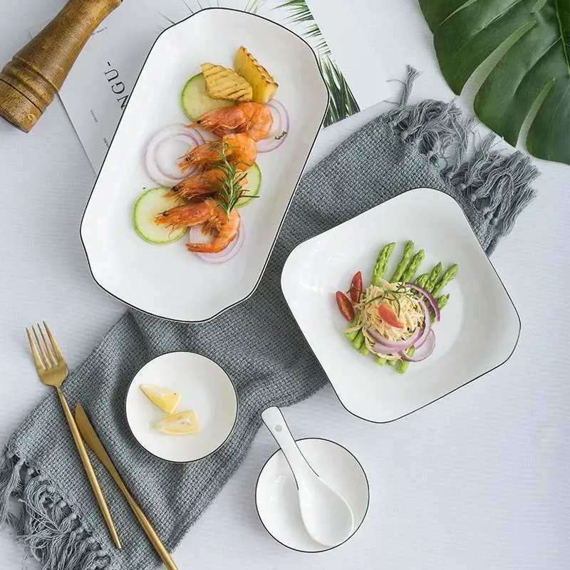 Посуда с черной окантовкой домашняя столовая миска столовые приборы тарелка