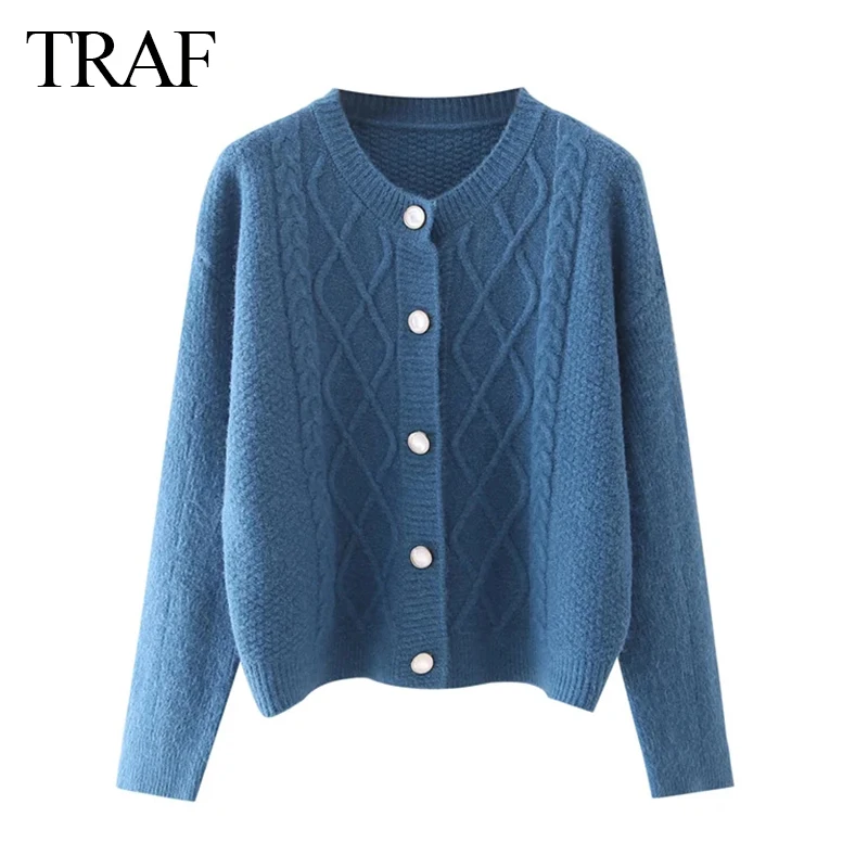 

TRAF Women's clothes Casual Single-breasted Za Cardigan Sweater Women Loose Knitted Tops V Neck Twist Pattern Sweater Outerwear