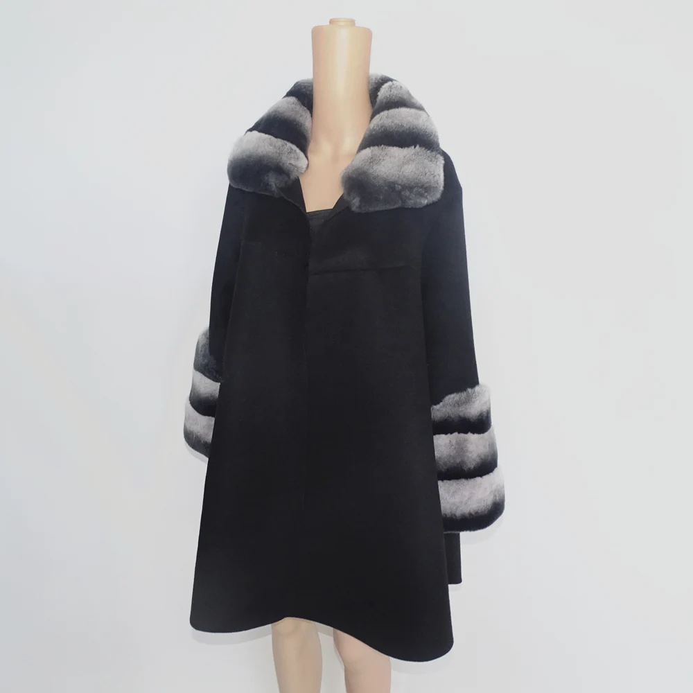 

New MLHXFUR 85cm Long Grey Chinchilla Rex Rabbit Fur Coat Outwear women Double sided cashmere Winter Dress Coats Stand Collar