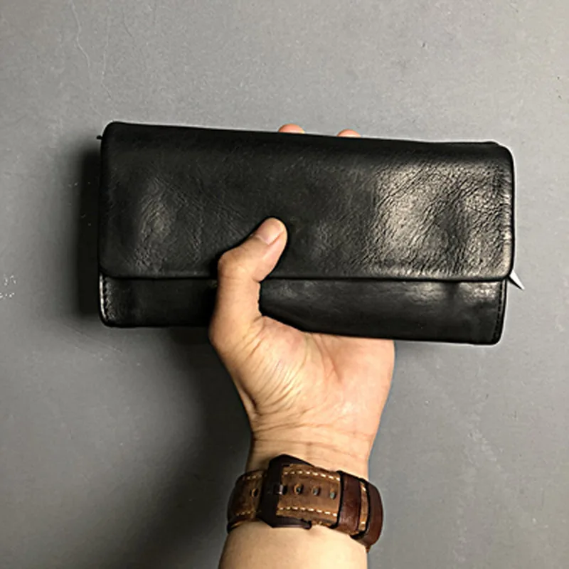 Handmade Cowhide Vintage Wallet Men's Washed Leather Wallet Ladies Black Clutch Fortune