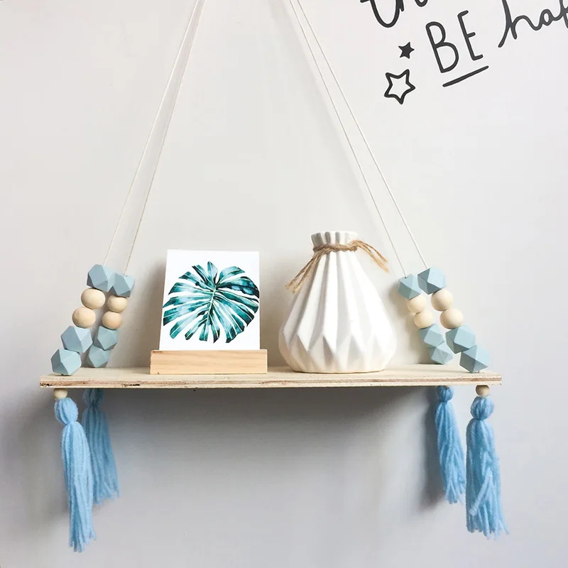 

Nordic Style Macaron Octagonal Beads Wood Shelves With Tassel Wall Clapboard Decor Children Room Clothing Store Display Stand