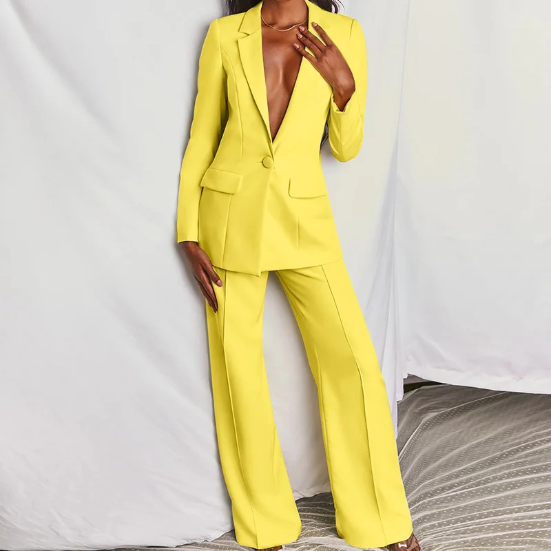 

Женский деловой костюм из двух предметов, однотонный деловой костюм с блейзером и брюками на пуговицах, розовый и желтый цвет
