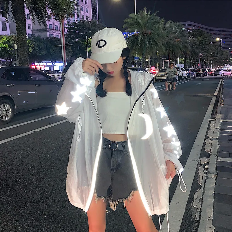 Hoodies Women Harajuku Oversized Outerwear &amp Coats Reflective Moon Stars Printed Loose Casual Hooded Swaetshirt Sun Protection |