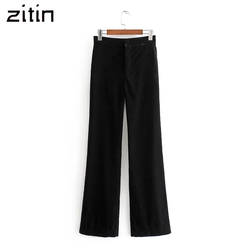 Винтажные элегантные черные бархатные прямые брюки для женщин 2019 модные офисные
