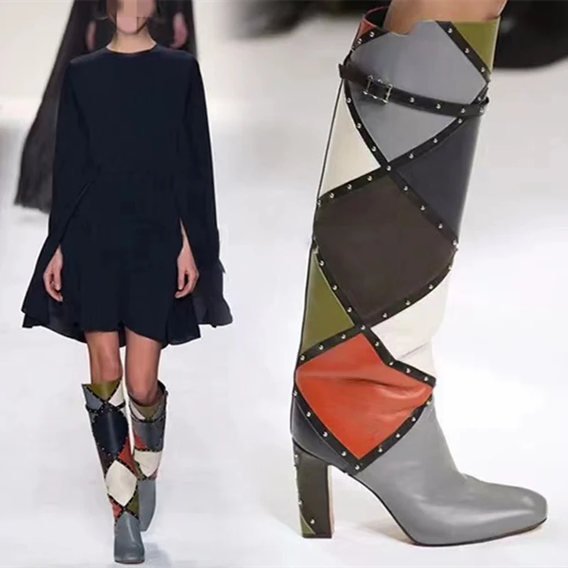 Modern Boots Rivets Ornament Color Block Fashion Model Shoes High Heel Knee High Boots for Women Ankle Booty Big Size 45