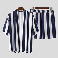 summer men striped sets streetwear loose open stitch short sleeve shirt fashion shorts beach breathable casual mens sets