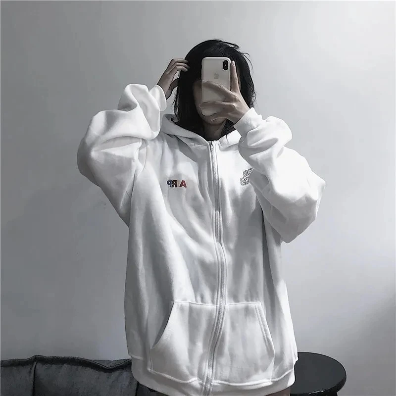 

2021 New Street Pure Color Korean Slim Wild Hooded Sweater White Top Hotel Harajuku Jacket Cardigan Sweet Girl Loose Drawstring