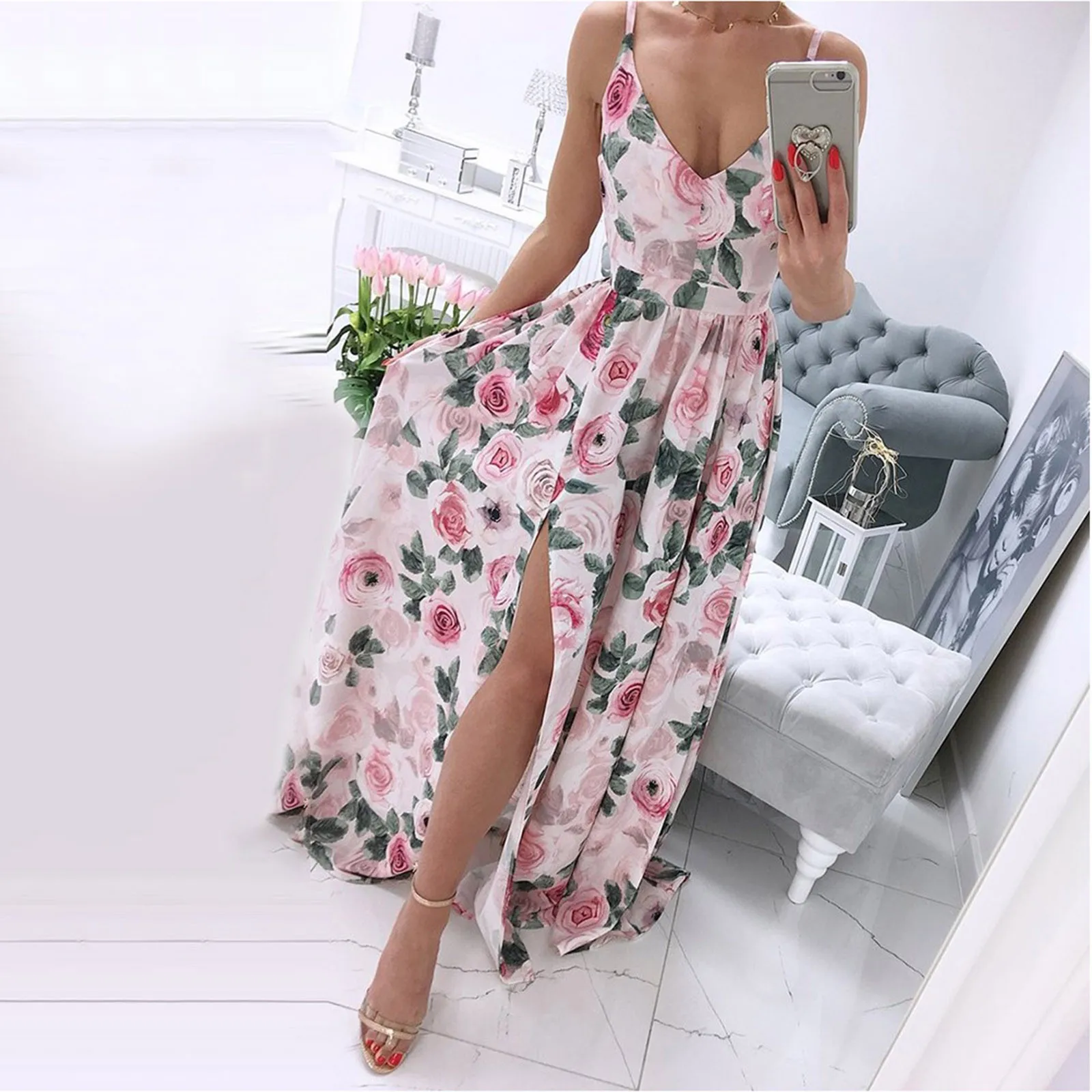 

Flowers Print Long Dress Women Sexy Sleeveless Spaghetti Strap Split Beach Maxi Dress Bohemian Sundress Vestidos Summer Dress