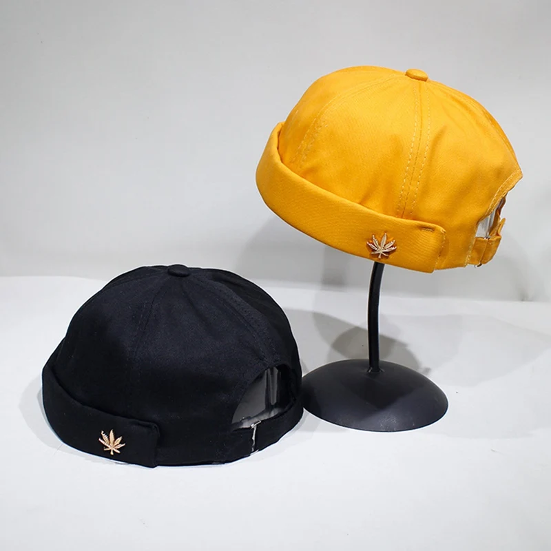 

Men Women Skullcap Sailor Cap Leaf Rivet Embroidery Warm Rolled Cuff Bucket Cap Brimless Hat Solid Color Adjustable Cotton Hats