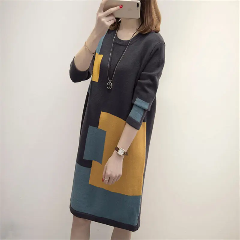 Женское платье свитер большого размера на осень и зиму Женский Повседневный