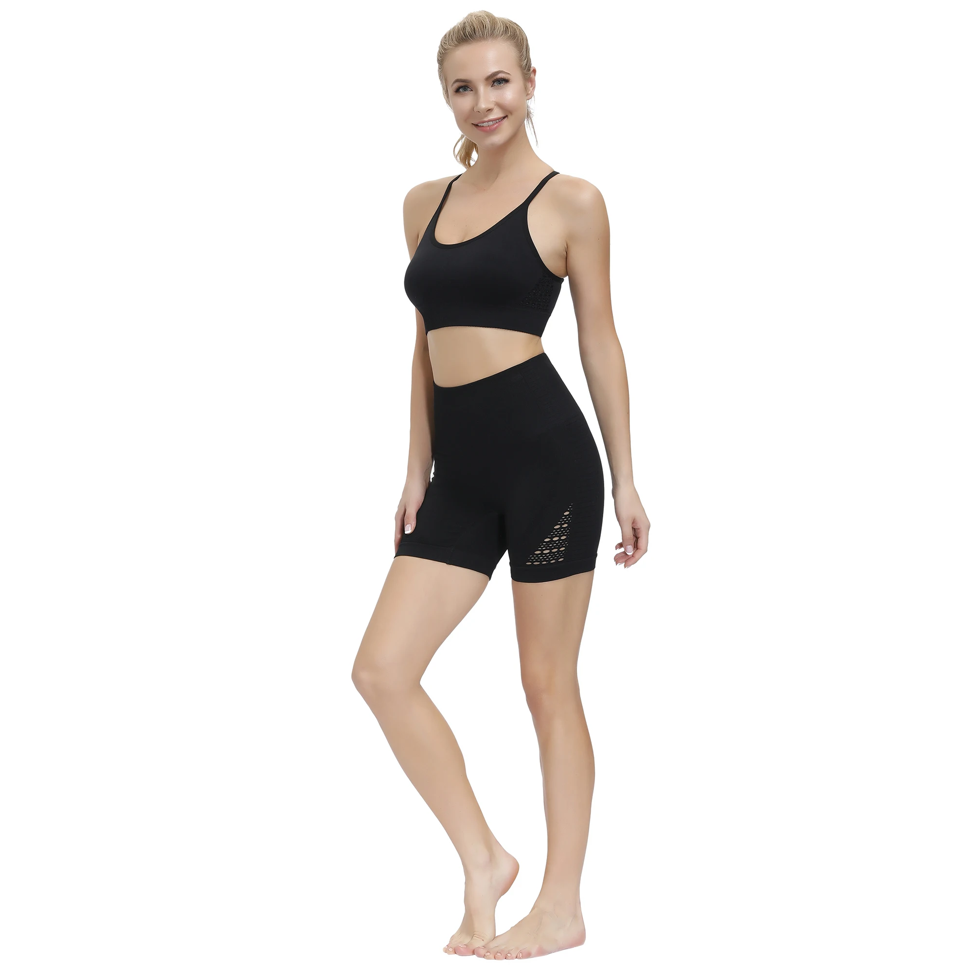 

Women's Energy Sports Suits Seamless Yoga Workout Clothes High Waist Gym Shorts Padded Strappy Sports Bra 2PCS