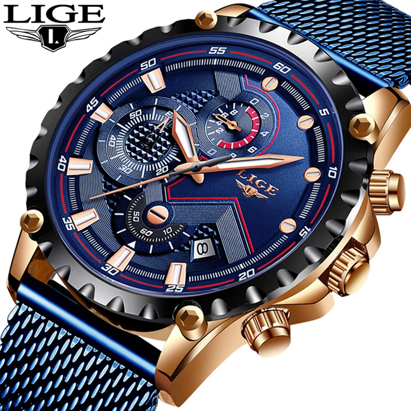 Relogio Masculino 2019 Новинка LIGE повседневные синие сетчатые пояса модные кварцевые