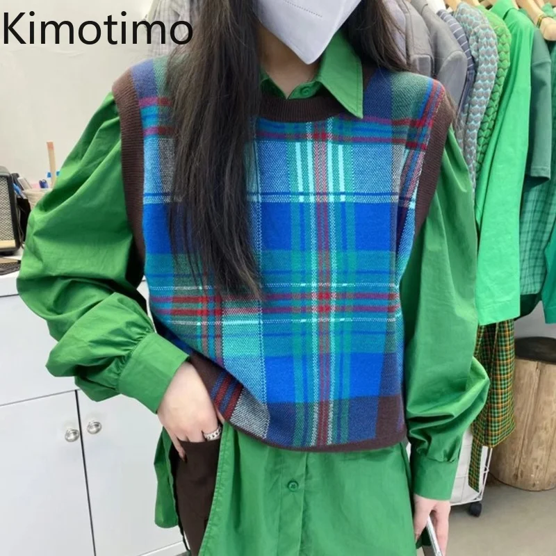 

Женский трикотажный жилет в клетку Kimotimo, Осень-зима 2021, жилет в стиле преппи с перекрывающимися линиями, корейский Шикарный ретро свитер без...