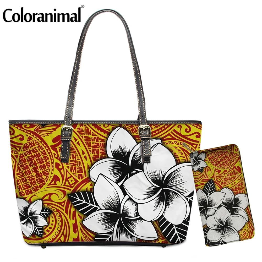 

Coloranimal 2021 Women Leather Casual Tote Bag Hawaiian Plumeria Tribe Polynesian Print Shoulder Bag for Lady 2 Set Shoulder Bag