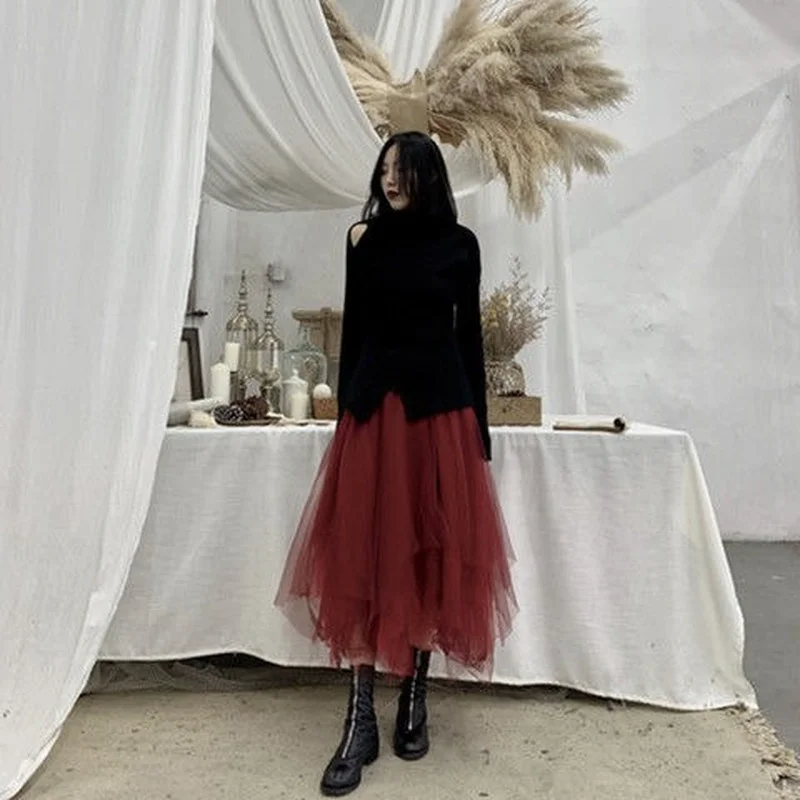 

Skirts Women Mesh Asymmetrical Design Black Korean Fashion Chic Streetwear Cool High Waist All-match Casual Harajuku Simple New