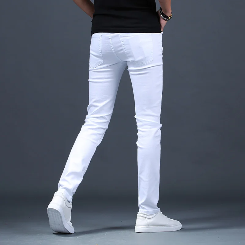 Men Embroidered Printed Jeans Fashion White Cotton Stretch Denim Streetwear Straight Slim Fit Pants