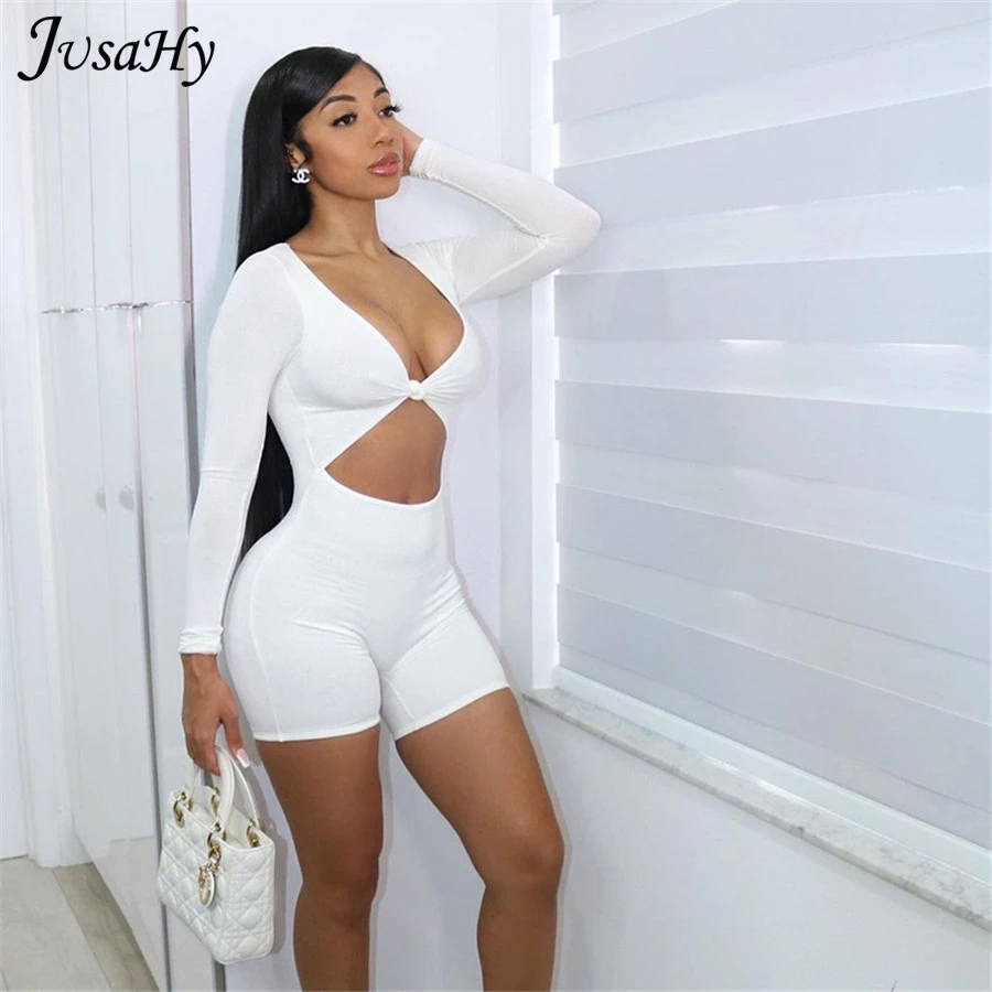 

Женский однотонный комбинезон JusaHy для тренировок, с вырезами, с длинным рукавом, спортивная одежда, шорты, спортивный костюм, цельный костюм...