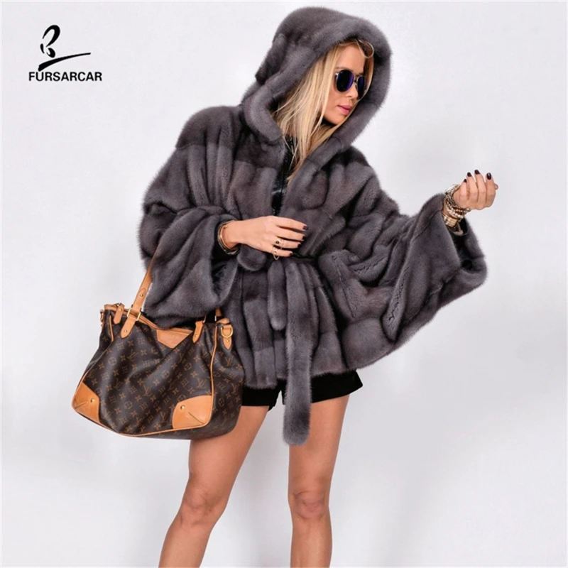 FURSARCAR/ Горячая Распродажа, женская Настоящая норка, накидка для женщин, Зимний натуральный мех, шаль, модное роскошное Женское пальто с капюшоном из натурального меха