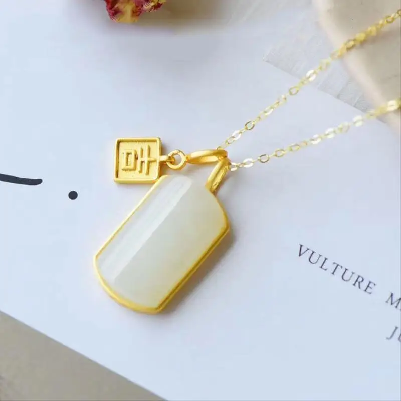 

Natural Hetian Jade White Jade Square Plate Lucky Pendant Pendant S925 Sterling Silver Thick Gold Inlaid Safe Lucky Chain