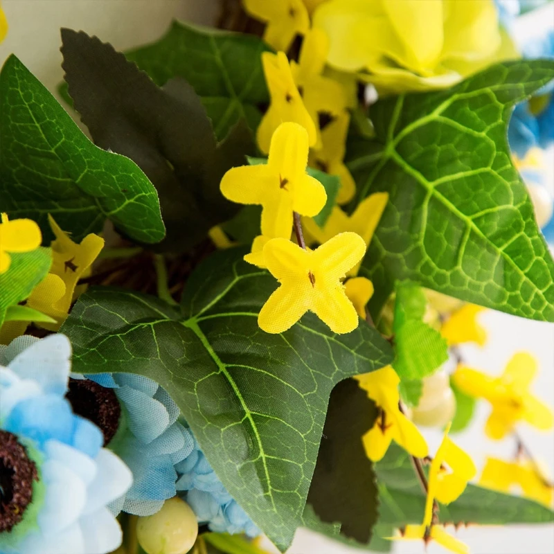 

HX5F Artificial Winter Jasmine Flower Wreath With Blue Flower White Berry Spring Summer Door Garland Front Door Hanging Decor