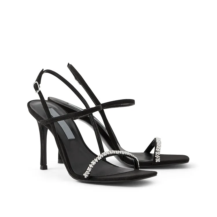 

Sandalias de tacon alto con punta cuadrada decorada para mujer, zapatos sexys con piedras semipreciosas, para Primavera, 2021