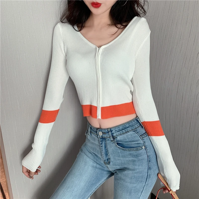 

Crdigans de punto con cuello en V y manga larga para mujer, suteres ajustados con cremallera, Tops cortos de punto para mujer