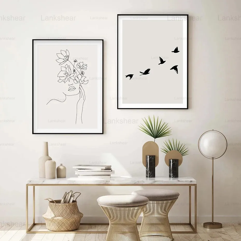 

Canvas Painting Minimalist Wall Art Canvas Boho Style Beige and White Line Printing Pictures Living Room Home Decoration Unframe