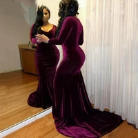 sexy plus size velvet prom dresses black girls long sleeves mermaid v neck formal party dress court train purple evening dress