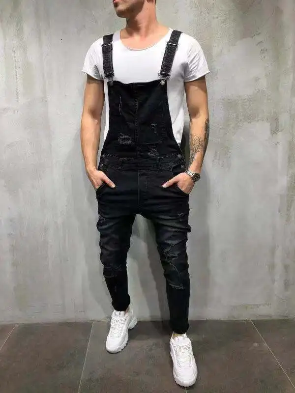 

Men's Ripped Jeans Suspender Trousers Jumpsuits Hi-Street Distressed Skinny Denim Pencil Pants Bib Overalls For Man Large Size