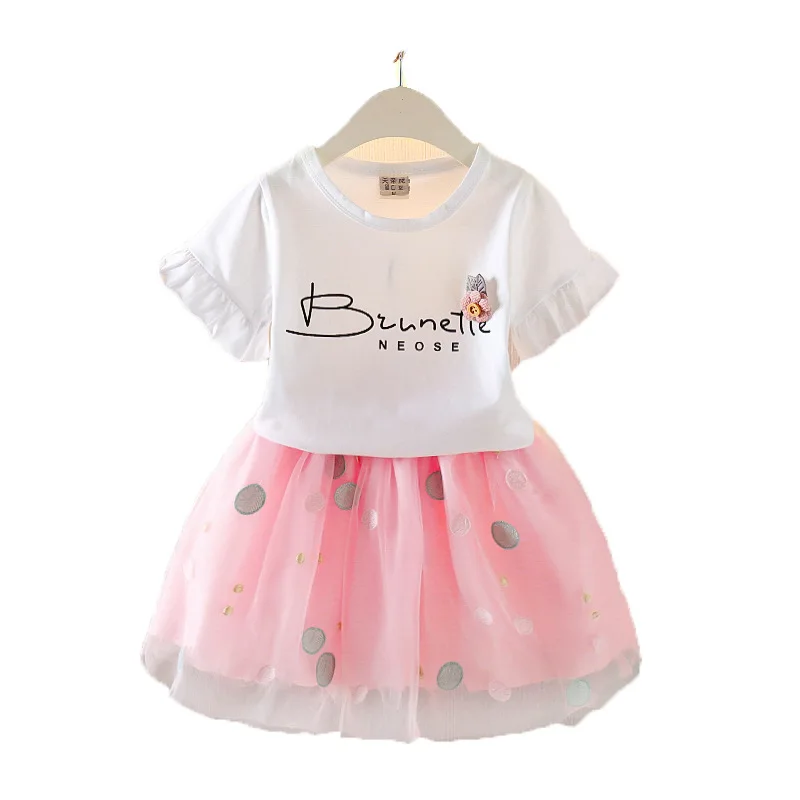 

Girls' Suit 2022 Summer New Baby Foreign Style 2-Piece Children's Cute Casual T-Shirt Fashion Mesh Skirt