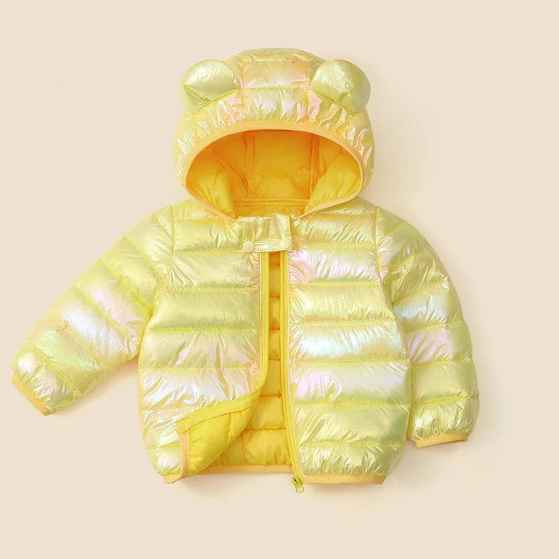 Куртка-пуховик для мальчиков и девочек, зимняя блестящая куртка с капюшоном и ушками, цвета радуги, 2020