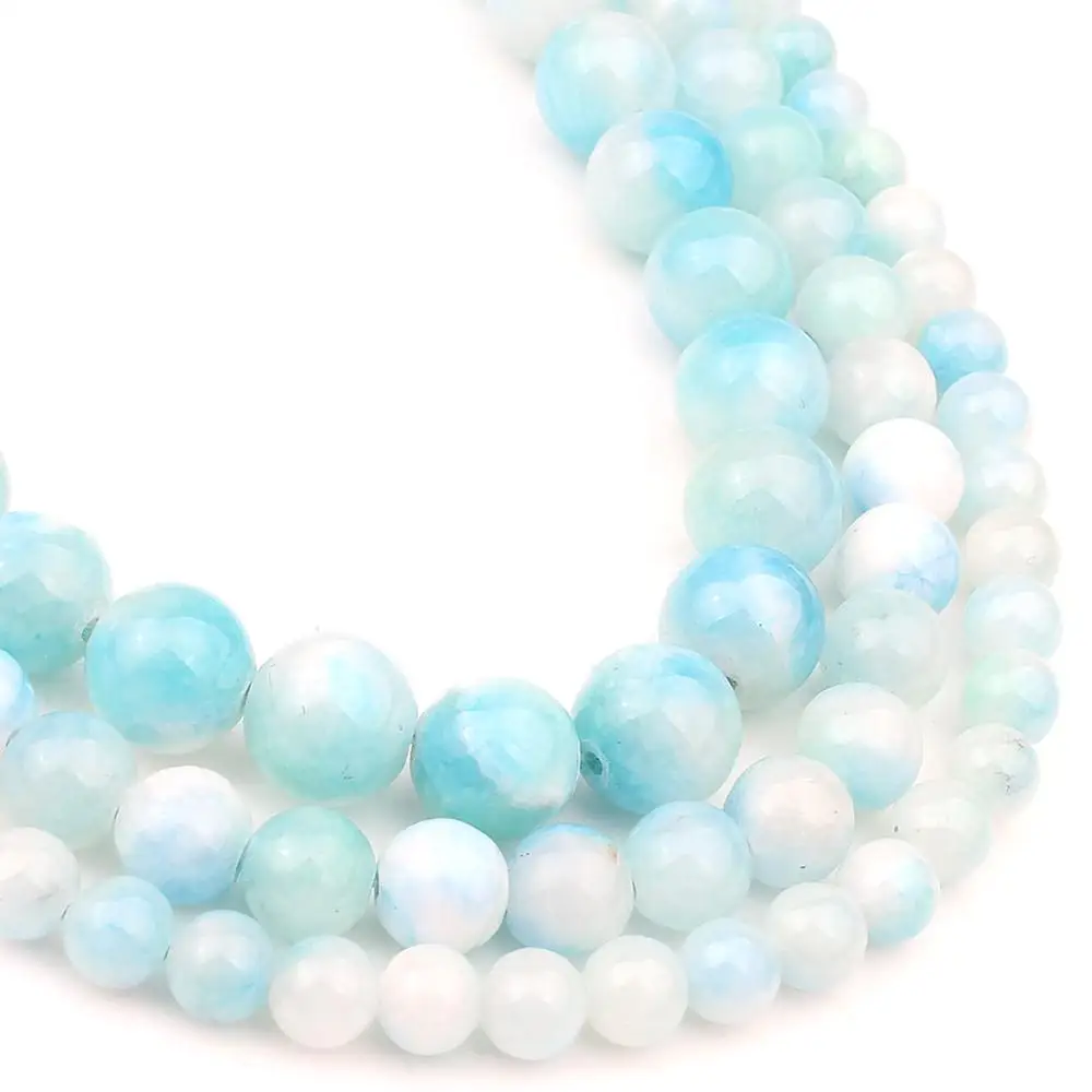 6/8/10mm Natural Sky Blue & White Persian Jades Stone Beads Round Loose for DIY Handcraft Jewellery Making 15'' Strand |