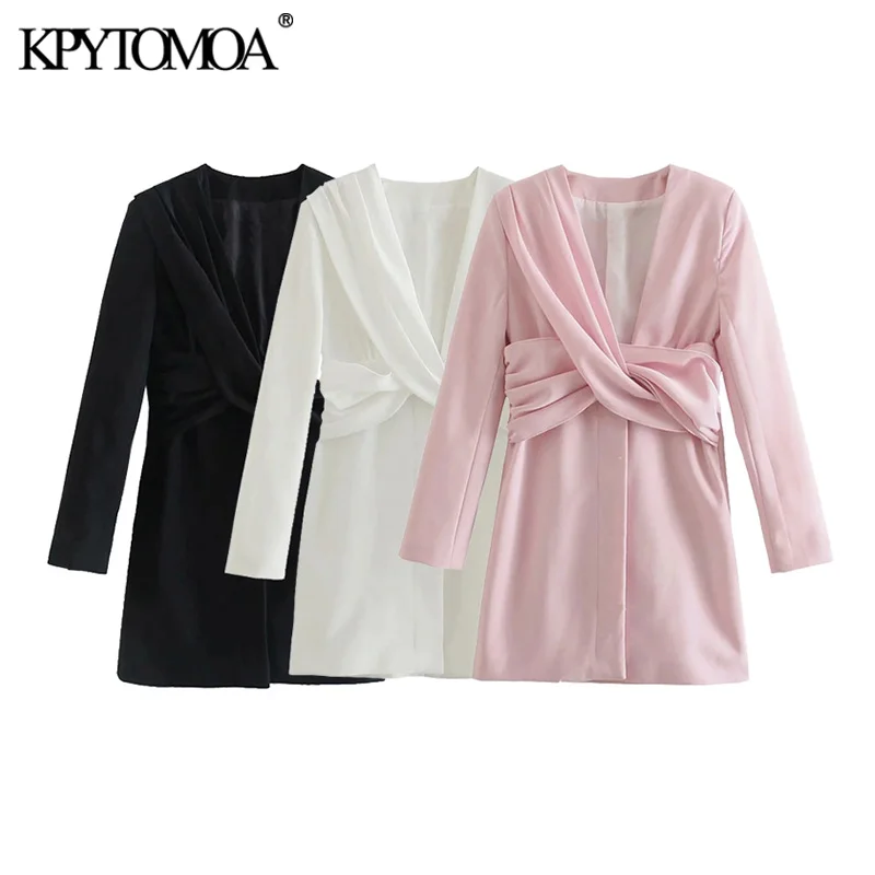

KPYTOMOA Women Chic Fashion With Knot Draped Mini Dress Vintage Long Sleeve Side Zipper Button-up Female Dresses Vestidos
