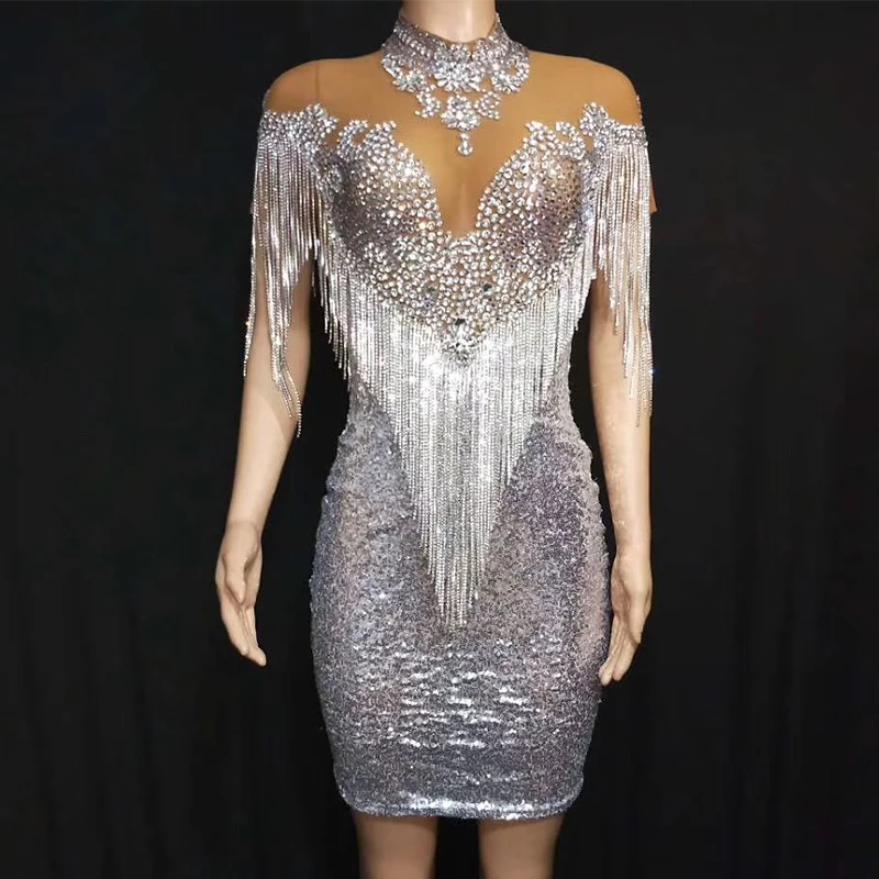 

Festival Outfit Silver Rhinestones Fringe Tassels Mesh Dress Prom Evening Party Singer Birthday Celebrate Crystal Dresses DT1780