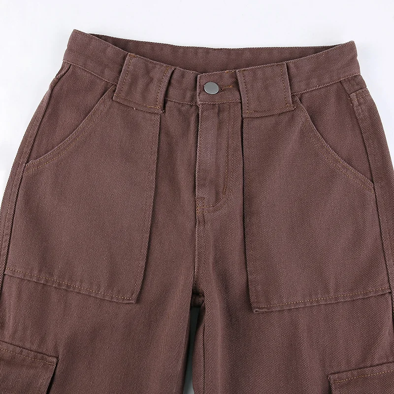 

2021 New Women's Pants European and American Style Retro Brown Pocket High Waist Straight Pants Women's Casual Pants