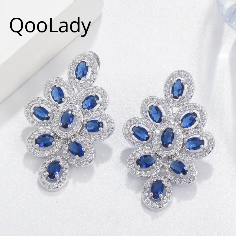 

QooLady Sparkles Brand Round Blue Color Cubic Zirconia Stone White Gold Color Large Drop Earring Women Party Trendy Jewelry E147