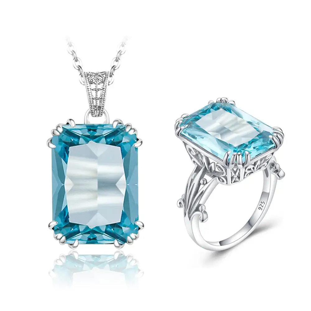 

100% цвета подлинного серебра 925 комплект ювелирных изделий Изысканные ювелирные изделия Игристые синие Аквамарин кулон набор колец для женщ...