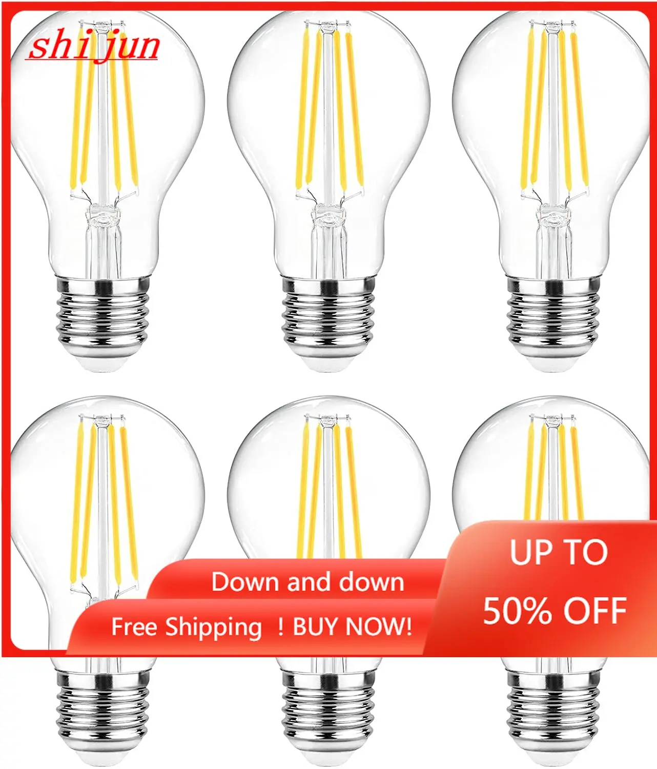 

60 Watt Equivalent, E26 LED Filament Light Bulbs, Daylight White 4000K, Non-Dimmable, Classic Clear Glass, A19 LED Light