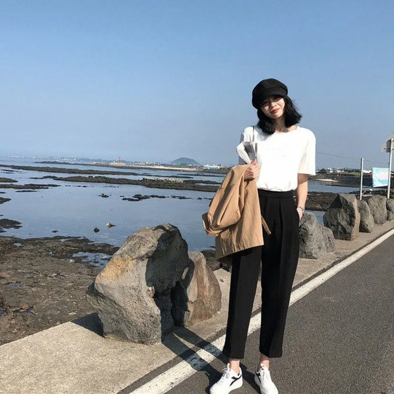 

Pants Women Ulzzang Ankle-Length High Elastic Waist Harajuku Simple Solid Pockets Loose All-match Breathable Trousers Fashion