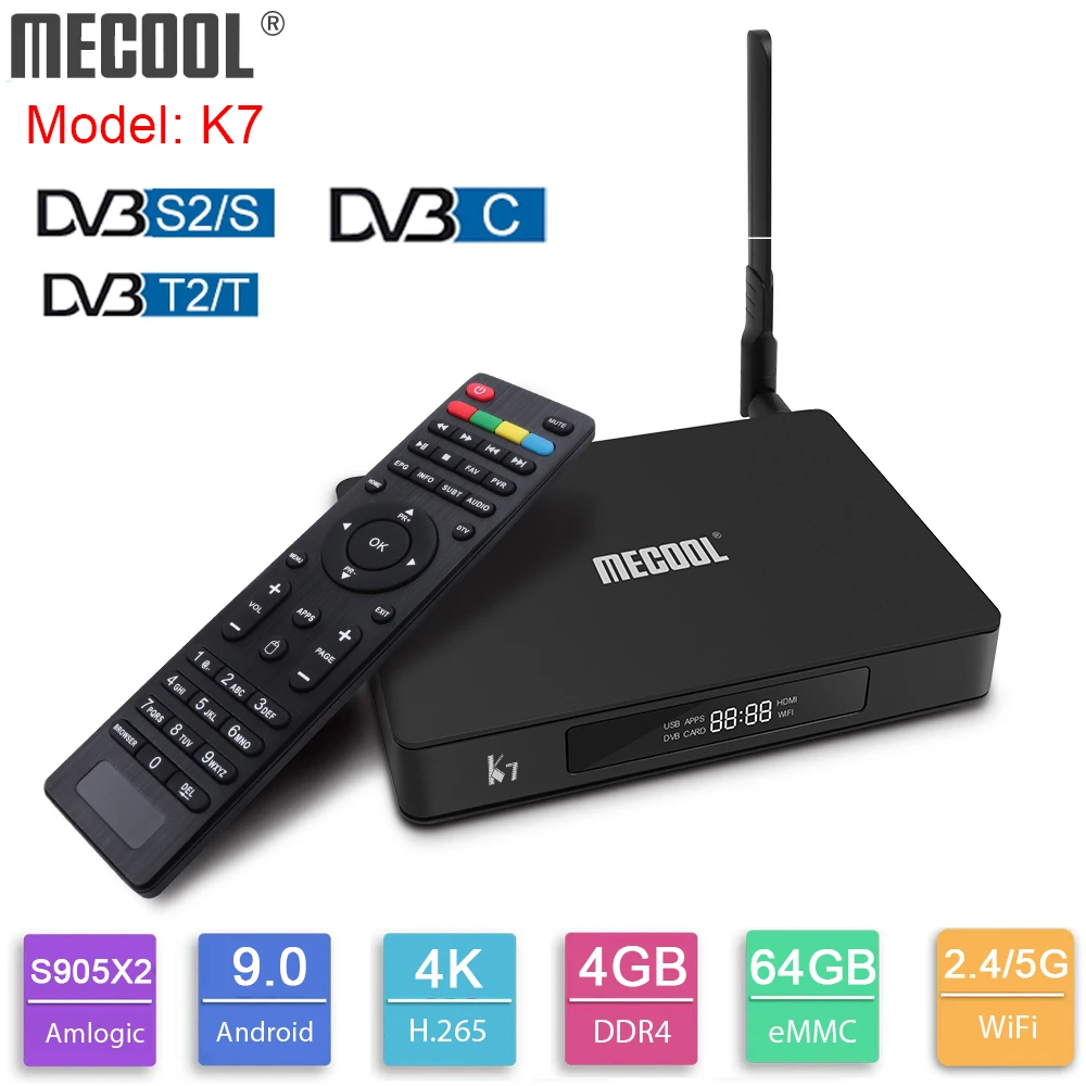 Медиаплеер MECOOL K7 DVB s2-t2-C Android 9,0, Amlogic S905X2, 4 Гб DDR4, 64 Гб ПЗУ, 2,4G, 5G, WiFi, USB3.0, 100 Мбит/с, 4K