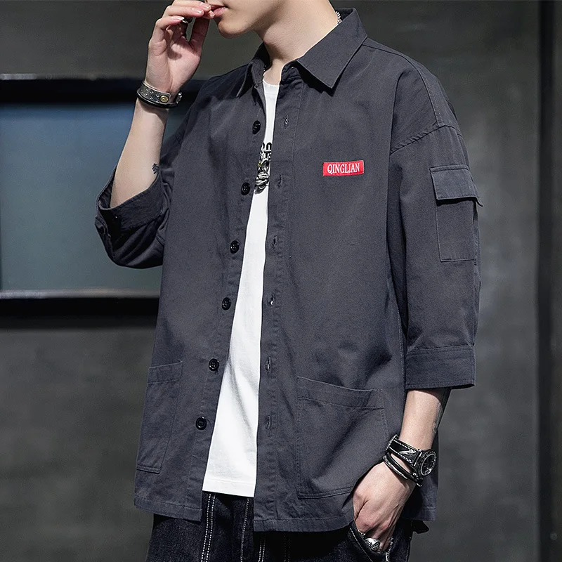

Cotton Men three quarter sleeve shirt spring and autumn Korean version trend men solid color lapel single-breasted cargo shirt