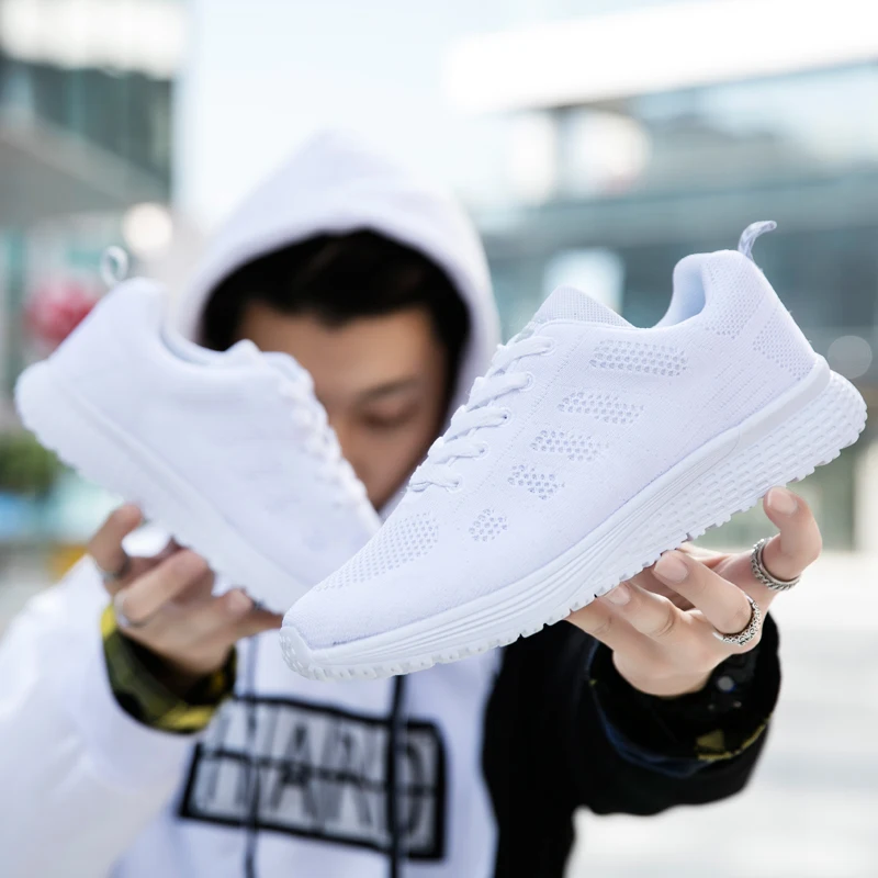 Causal Couple Light Women's Flat Shoes Breathable Air Mesh Sport Women's Sneakers Outdoor Jogging Classic White Womens Shoes 44