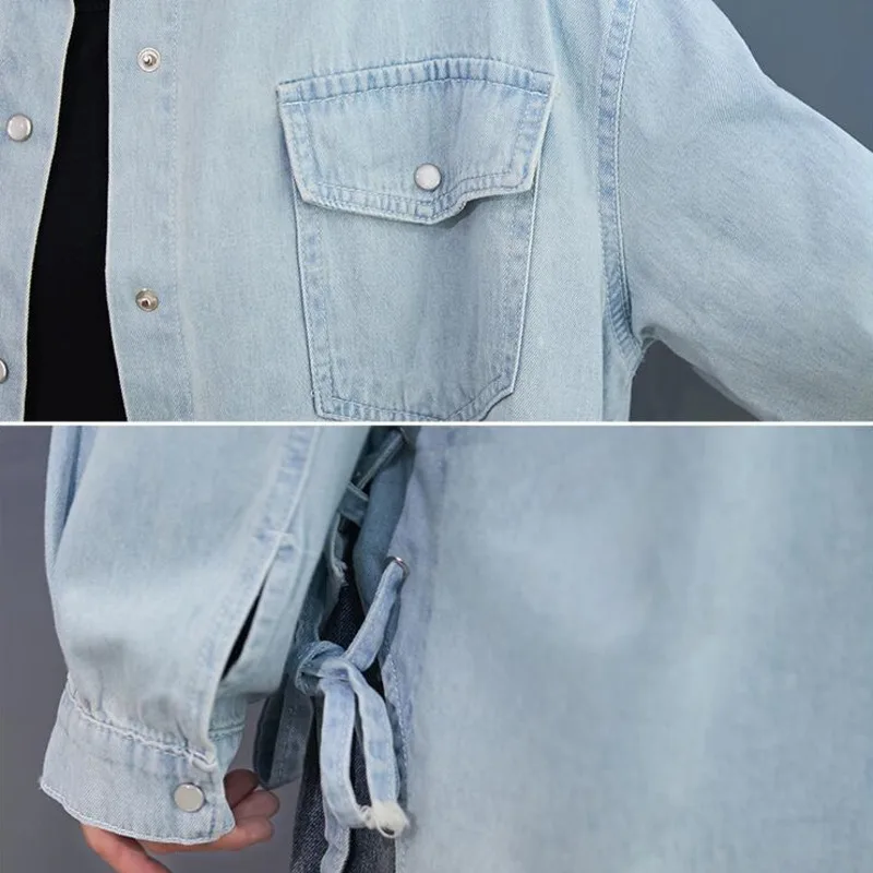 

#3166 Long Sleeved Denim Shirts For Women Loose Oversized Casual Vintage Jeans Shirts Female Asymmetrical Shirt Side Bandage