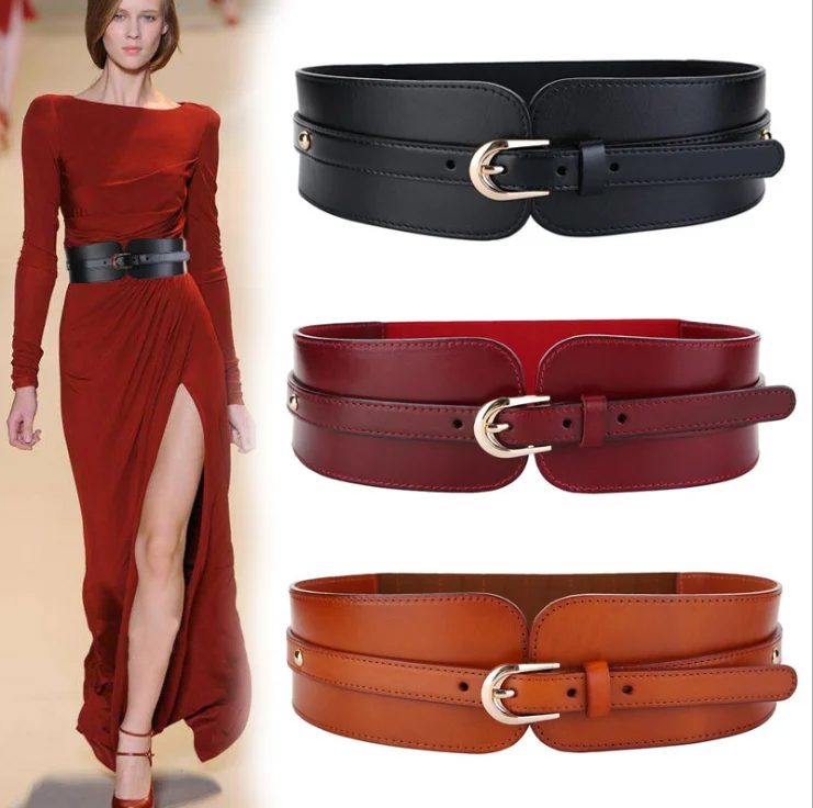

Luxury ladies wide classical elastic vintage buckle leather wide fashion wild pin buckle soft waist seal belt