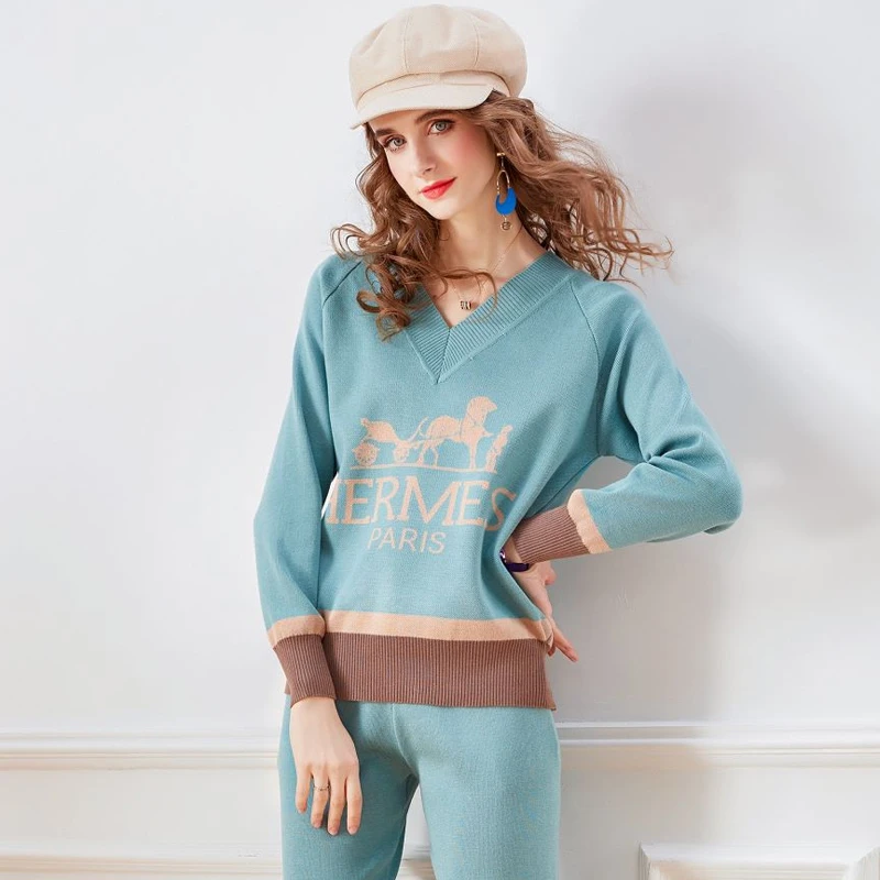 

Tracksuit Women Fall Winter New Sweatersuit V Neck Long Sleeve Hit Color Striped Pullover Tops And Slim Pants Knitted 2Piece Set